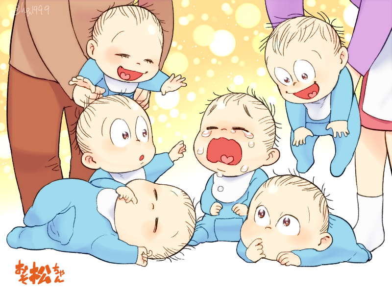 aged_down baby bib carrying_baby carrying_person closed_eyes copyright_name crying father_and_son hand_in_mouth heart heart_in_mouth matsuno_choromatsu matsuno_ichimatsu matsuno_jyushimatsu matsuno_karamatsu matsuno_matsuyo matsuno_matsuzou matsuno_osomatsu matsuno_todomatsu mother_and_son osomatsu-kun osomatsu-san osomatsu_(series) parody smile tamago_toji thumb_sucking title_parody