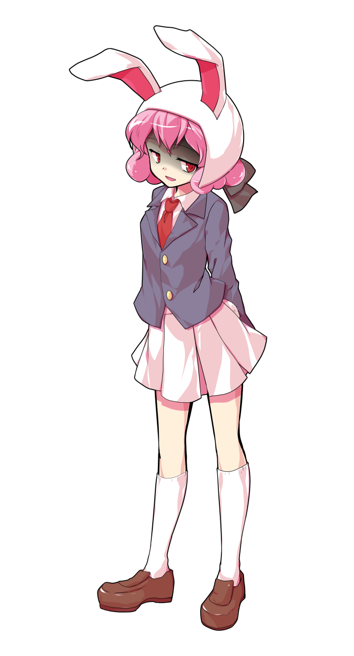 1girl animal_ears arms_behind_back black_jacket brown_shoes collared_shirt commentary_request dairi ears_through_hood full_body highres hood hood_up jacket jitome kneehighs large_variant_set loafers long_sleeves looking_at_viewer moon_rabbit_extra_(touhou) necktie open_mouth pink_hair pleated_skirt rabbit_ears red_eyes red_necktie shaded_face shirt shoes short_hair skirt smile socks solo standing tachi-e touhou transparent_background variant_set white_shirt white_skirt white_socks