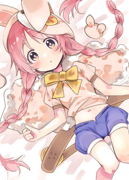 1girl animal_hat blue_shorts blush braid commentary_request feet_out_of_frame hat ito_ryo long_braid long_hair looking_at_viewer low_twin_braids midriff mimi_(princess_connect!) navel parted_lips pink_hair princess_connect! puffy_short_sleeves puffy_shorts puffy_sleeves rabbit_hat shirt short_sleeves shorts solo twin_braids very_long_hair white_hat white_shirt