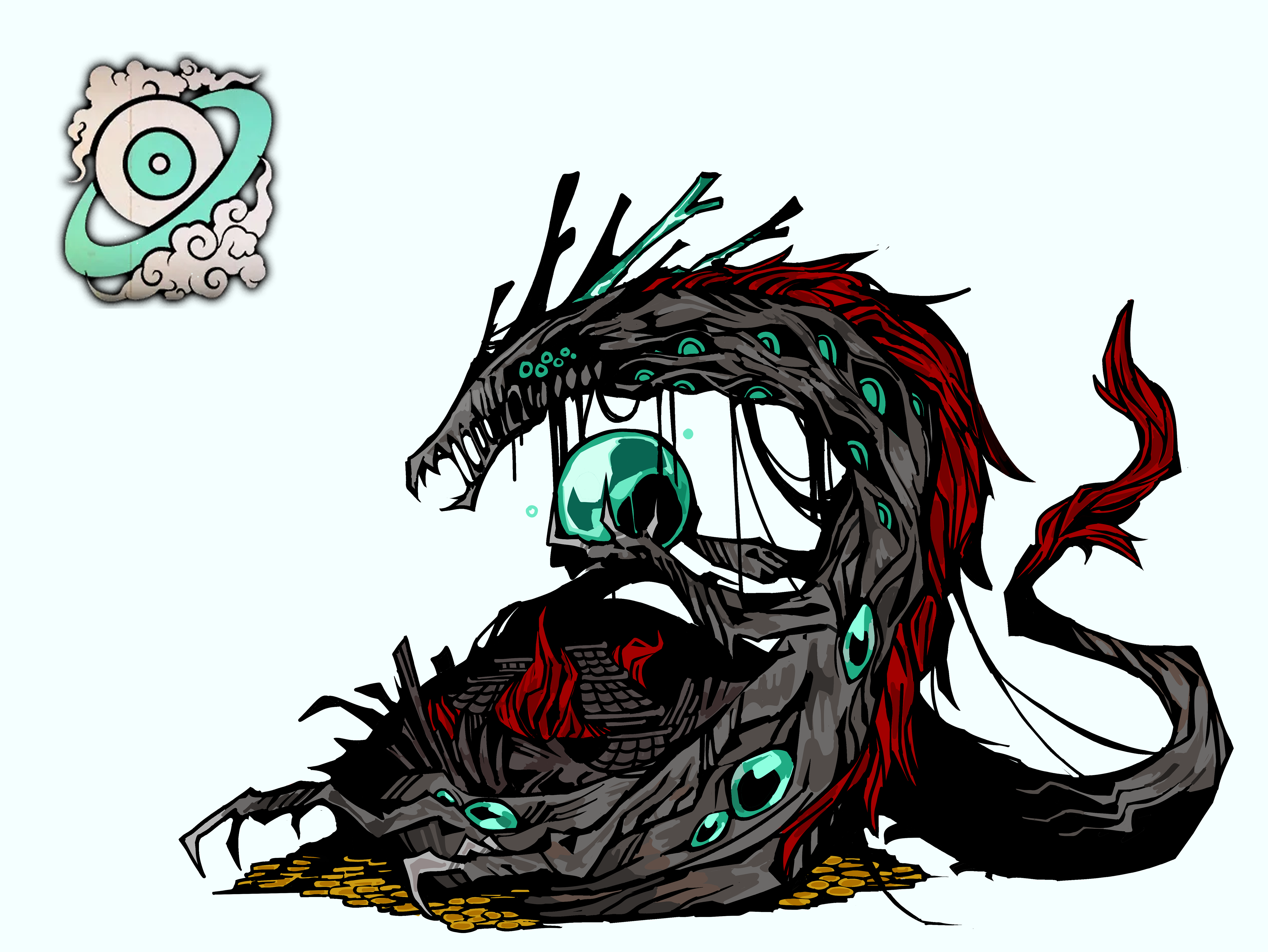1boy absurdres coin distortion_(project_moon) dragon gold_coin highres hong_lu_(project_moon) jade_(gemstone) limbus_company orb project_moon red_fur simple_background solo teko1193 white_background