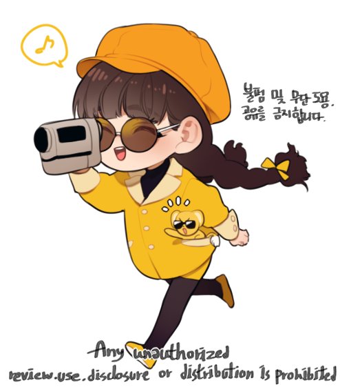 1girl black_hair blunt_bangs camera cardcaptor_sakura chibi commentary daidouji_tomoyo deogbab hat holding holding_camera in_pocket jacket kero_(cardcaptor_sakura) korean_commentary musical_note running simple_background skirt smile spoken_musical_note sunglasses white_background yellow_jacket yellow_skirt