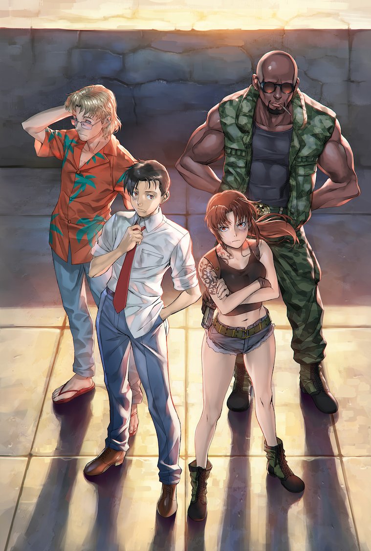 1girl 3boys arm_tattoo backlighting bald belt benny_(black_lagoon) black_hair black_lagoon black_tank_top blonde_hair blue_shorts boots breasts brown_hair bruise bruised_eye camouflage camouflage_pants camouflage_vest chest_hair cigarette collarbone combat_boots commentary_request crop_top crossed_arms cutoffs dark-skinned_male dark_skin denim denim_shorts dutch_(black_lagoon) facial_hair fingerless_gloves glasses gloves goatee goggles gun hand_in_pocket handgun hawaiian_shirt hiroe_rei holster holstered injury male_focus medium_breasts midriff military military_uniform multiple_boys muscular muscular_male navel necktie okajima_rokuro opaque_glasses pants pistol ponytail red_eyes red_necktie revy_(black_lagoon) salaryman sandals shirt short_shorts shorts shoulder_holster shoulder_tattoo sleeveless smoking standing tank_top tattoo very_dark_skin weapon