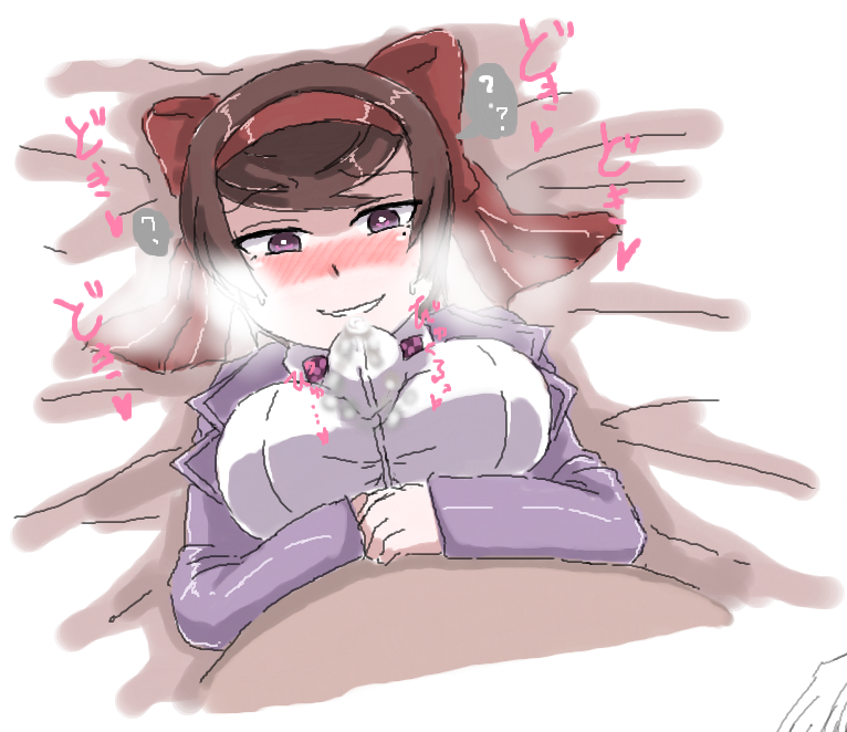 1boy 1girl blush bow breasts brown_eyes brown_hair bulge cum cum_in_clothes cum_on_body cum_on_breasts cum_on_upper_body ejaculation_between_breasts ejaculation_under_clothes girls_und_panzer girls_und_panzer_ribbon_no_musha hair_bow hair_ribbon hetero implied_paizuri large_breasts lying mole mole_under_eye on_back paizuri paizuri_under_clothes ribbon sekitaku straddling straddling_paizuri tsuruki_shizuka