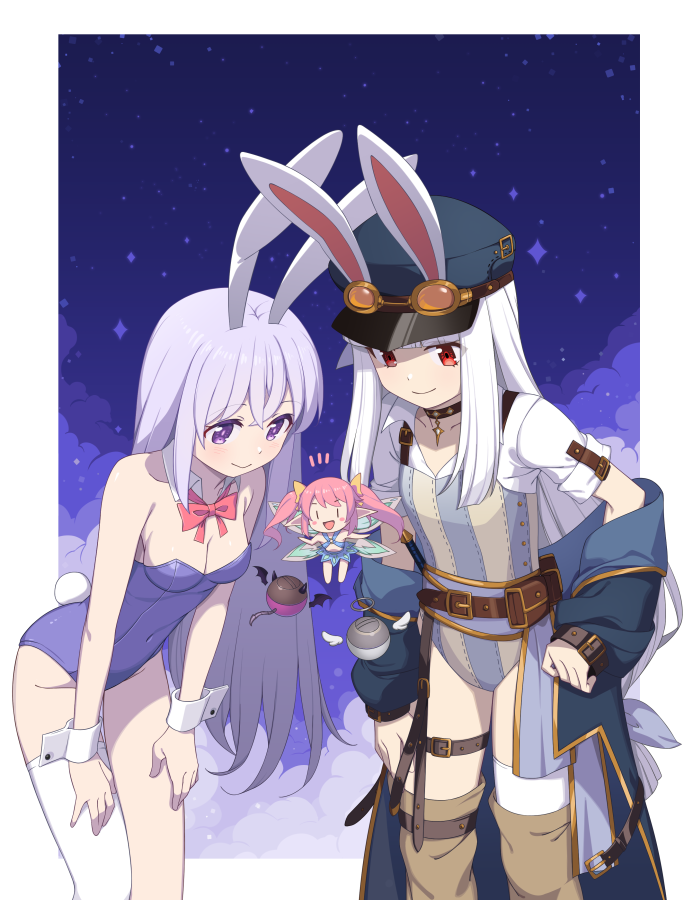 3girls animal_ears artist_request belt blue_coat border bow bowtie breasts brown_belt choker cleavage coat covered_navel detached_collar erina_(rabi-ribi) fairy fairy_wings grey_hair happy hat leotard long_hair long_sleeves medium_breasts mini_person minigirl multiple_girls off-shoulder_coat off_shoulder official_art playboy_bunny police_hat pouch purple_eyes purple_hair purple_leotard rabbit_ears rabi-ribi red_bow red_bowtie ribbon_(rabi-ribi) single_thighhigh small_breasts smile striped_clothes striped_leotard tevi tevi_(tevi) thighhighs upper_body white_border white_thighhighs white_wrist_cuffs wings wrist_cuffs
