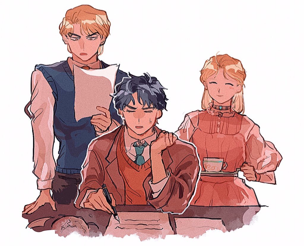 1girl 2boys black_hair black_pants blonde_hair blue_necktie blue_sweater_vest brown_eyes brown_jacket closed_eyes cup dio_brando dress elbow_rest erina_pendleton fuha_(azukiba_9) holding holding_paper holding_pen holding_tray jacket jojo_no_kimyou_na_bouken jonathan_joestar long_sleeves multiple_boys necktie nib_pen_(object) open_clothes open_jacket orange_sweater_vest pants paper pen phantom_blood pink_dress short_hair simple_background sitting smile standing sweat sweater_vest table teacup tray white_background