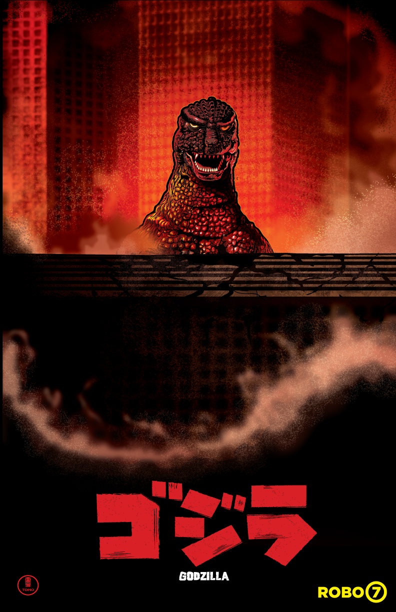 building city destuction dinosaur dust fire godzilla godzilla_(series) highres japanese_text john_bellotti_jr kaiju logo looking_at_viewer movie_poster no_humans sea_monster skyscraper smoke the_return_of_godzilla toho