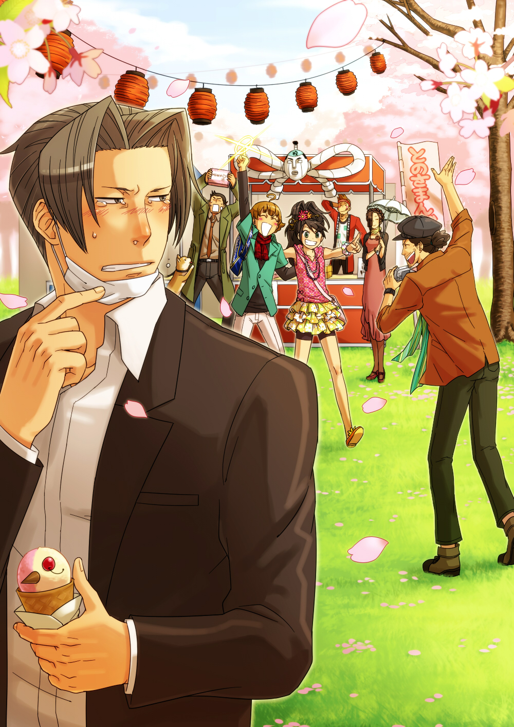 &gt;:d &gt;_&lt; 2girls 5boys :d ^_^ ace_attorney ace_attorney_investigations ace_attorney_investigations_2:_prosecutor&#039;s_gambit ahoge alternate_costume alternate_hairstyle animal arm_behind_back arm_behind_head bag bandaid banner beard black_hair black_shirt blurry blush blush_stickers bow bracelet braid brown_hair brown_legwear newsboy_cap camera cha_kuro_(limo) cherry_blossoms closed_eyes cloud collar day depth_of_field dick_gumshoe dog dress excited facial_hair fingernails floral_print flower food food_stand foreshortening goatee grass green_eyes grey_eyes grey_hair grin hair_bun hair_flower hair_intakes hair_ornament hair_over_one_eye hair_up hand_on_back hand_on_head happy hat headband high_ponytail highres hood hoodie ice_cream ice_cream_cone ichiyanagi ichiyanagi_yumihiko jacket jewelry kay_faraday keep-away key lantern larry_butz leaning leaning_forward leash long_dress long_hair long_skirt long_sleeves looking_back mary_janes mask mikagami_hakari miles_edgeworth miniskirt missile_(ace_attorney) mouth_mask multiple_boys multiple_girls necklace necktie nobori open_mouth outstretched_arm pants pantyhose paper_lantern parasol petals pleated_skirt pointing pointing_forward pointing_up ponytail pulling_own_clothes red_flower red_rose rose scarf scrunchie shigaraki_tateyuki shirt shoes short_hair shorts shorts_under_skirt sick sideways_mouth single_hair_bun skirt sky sleeveless sleeves_rolled_up smile snot sparkle steel_samurai stubble surgical_mask sweets tateyuki_shigaraki tears teeth tongue tongue_out umbrella v-shaped_eyebrows watch waving wavy_hair white_shirt wristwatch yumihiko