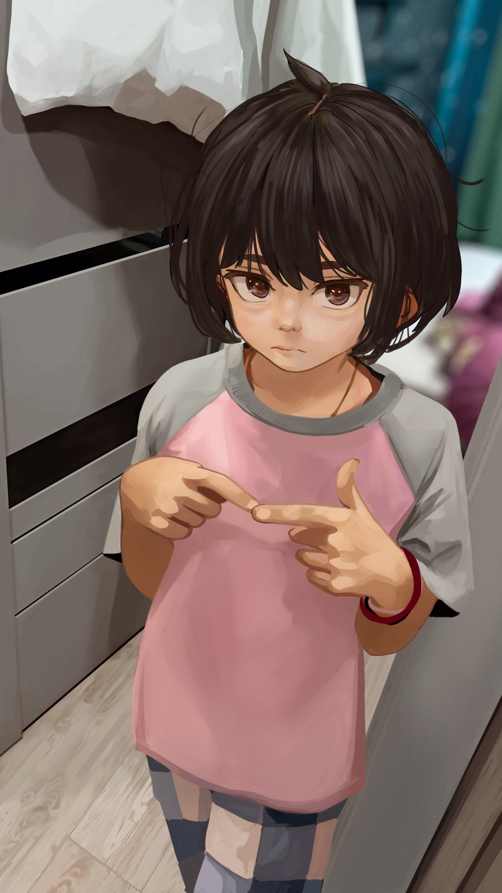 1girl blurry blurry_background bob_cut bracelet brown_eyes brown_hair casual chest_of_drawers closed_mouth commentary depth_of_field expressionless from_above grey_pants grey_shirt hands_up highres index_fingers_together ira_(servachok) jewelry looking_at_viewer looking_up loose_hair_strand messy_hair nose original own_hands_together pajama_pants pajamas pants pink_pants pink_shirt plaid_clothes plaid_pants raglan_sleeves servachok shirt short_hair short_sleeves solo standing t-shirt thick_eyebrows two-tone_shirt unhappy upturned_eyes wooden_floor
