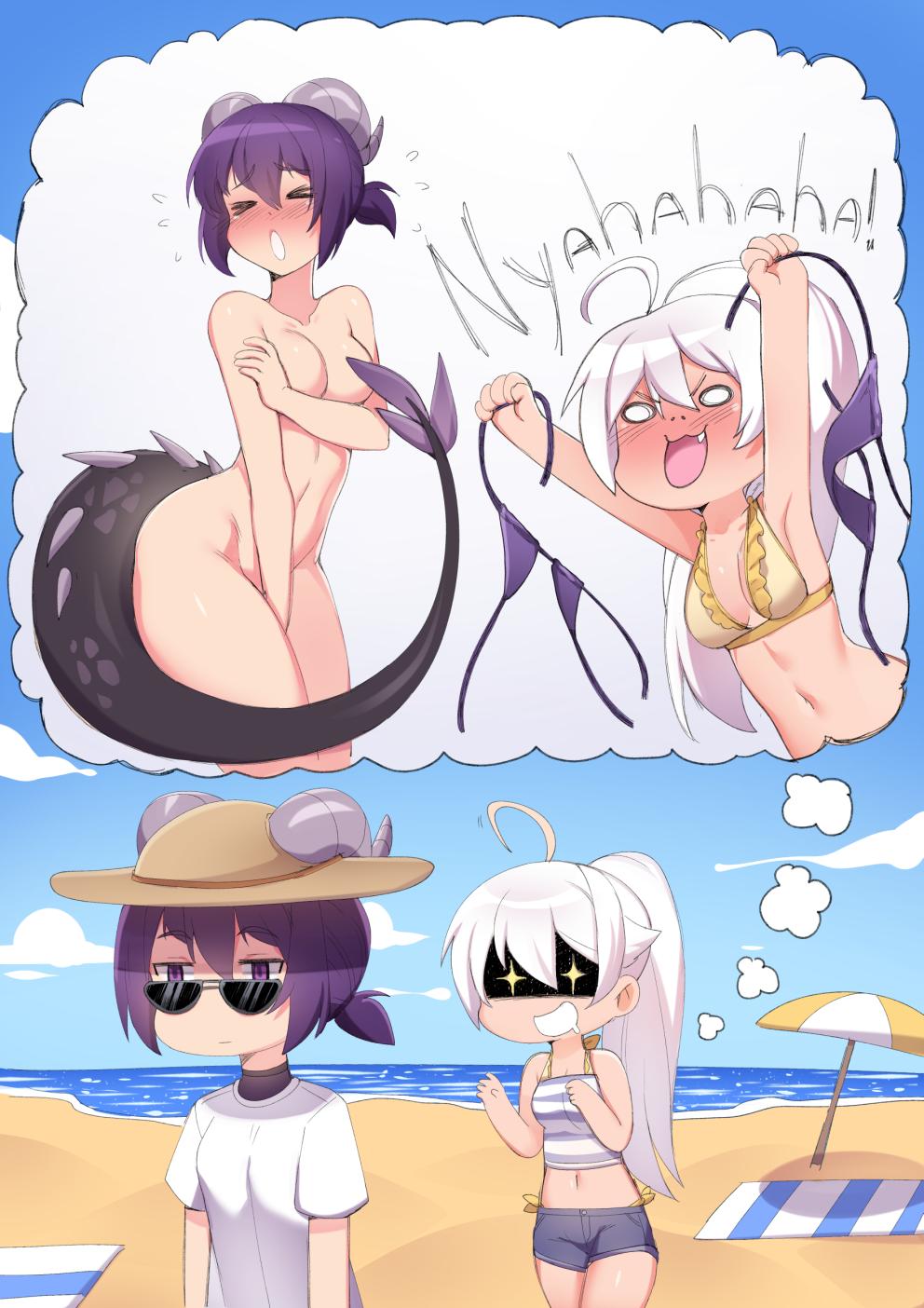 +_+ 0_0 2girls :3 :d ahoge beach beach_umbrella bikini bikini_bottom_only bikini_top_only blue_sky blush breasts chibi clothes_theft cloud comic commentary covering_breasts covering_crotch covering_privates day dragon_tail english_commentary expressionless fang frilled_bikini frills hat highres holding holding_bikini holding_bikini_bottom holding_bikini_top holding_swimsuit holding_unworn_clothes horns horns_through_headwear imagining iwbitu long_hair medium_breasts multiple_girls navel nude nyopu open_mouth original outdoors ponytail purple_bikini purple_hair shaded_face shirt short_hair sky smile speech_bubble spiked_tail sun_hat sunglasses swimsuit swimsuit_theft tail theft thought_bubble umbrella unworn_bikini unworn_swimsuit v-shaped_eyebrows white_hair white_shirt xo