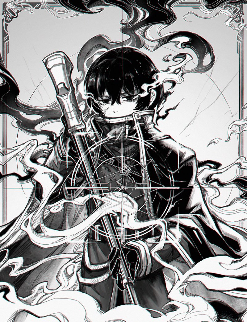 1boy belt cape coat crosshair der_freischuetz_(project_moon) e.g.o_(project_moon) fire flaming_eyes flaw_eight gloves greyscale gun holding holding_weapon limbus_company long_sleeves looking_at_viewer magic_bullet_(e.g.o) military_uniform monochrome project_moon rifle solo weapon yi_sang_(project_moon)