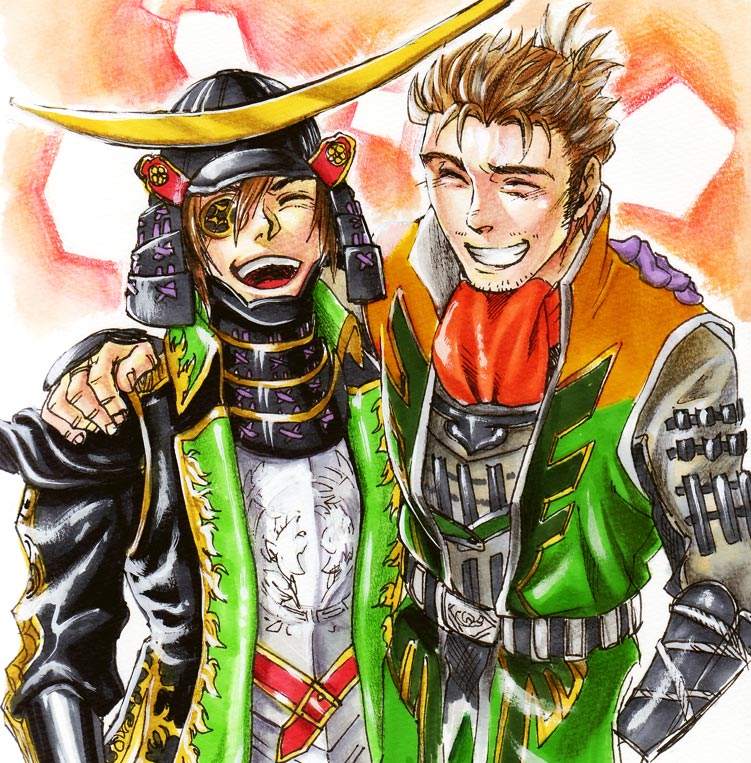 arm_around_shoulder armor ascot brown_hair coat date_masamune eyepatch helmet male_focus saika_magoichi sengoku_musou smile swept_bangs