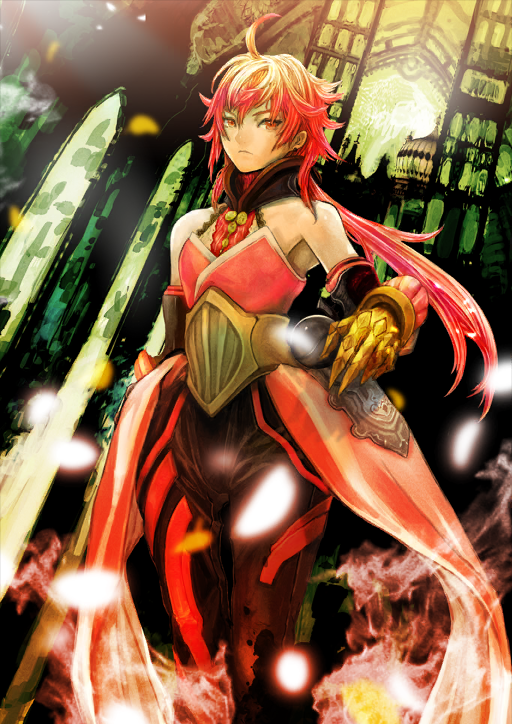 1boy arm_at_side asai_genji bare_shoulders bishounen black_pants closed_mouth elbow_gloves fate/grand_order fate_(series) feet_out_of_frame gauntlets gloves gorget green_background hair_between_eyes halterneck hand_up long_hair looking_to_the_side low_ponytail male_focus official_art pants ponytail rama_(fate) red_eyes red_hair sidelocks solo third-party_source v-shaped_eyebrows variant_set