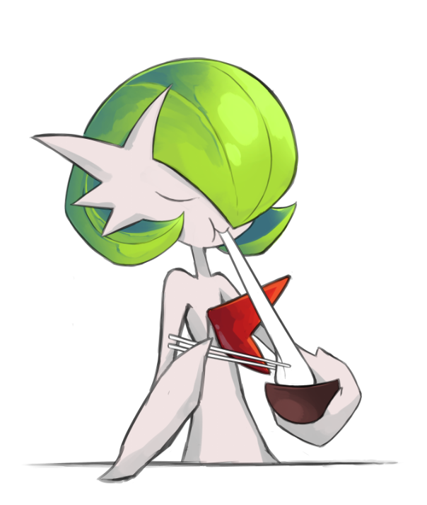 bob_cut chopsticks closed_eyes colored_skin dmt_(auburn) eating food food_in_mouth gardevoir gen_3_pokemon green_hair holding holding_chopsticks mega_gardevoir mega_pokemon mochi nintendo pokemon pokemon_(creature) simple_background white_background white_skin