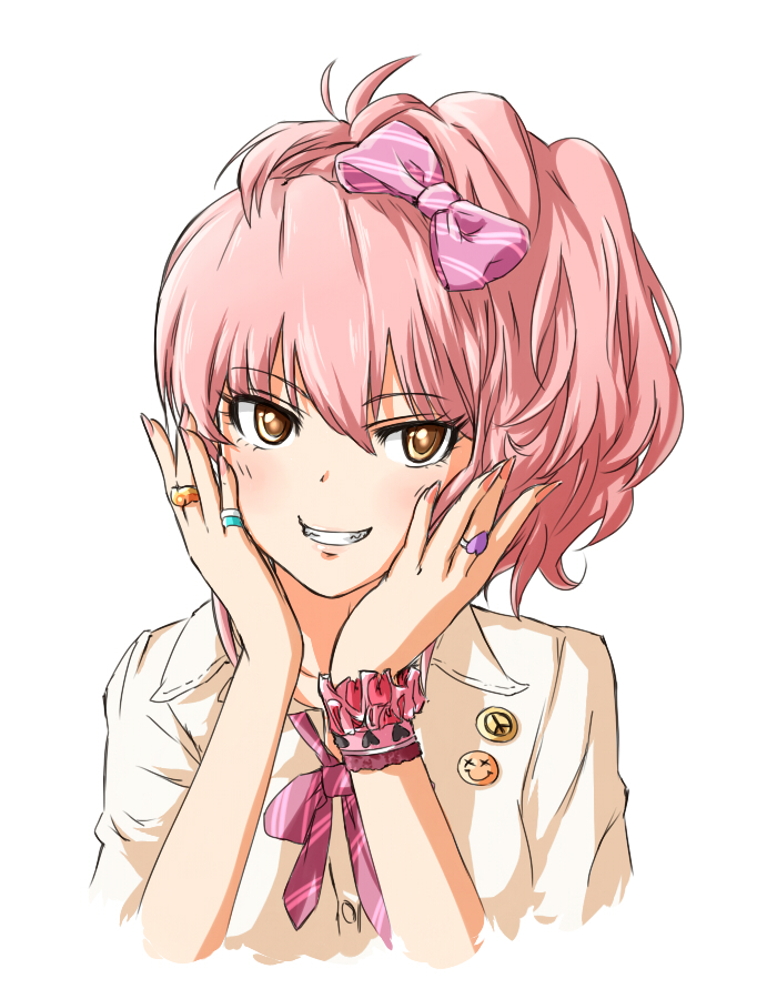 1girl badge bow bowtie button_badge buttons collared_shirt diagonal-striped_bow diagonal-striped_bowtie diagonal-striped_clothes dress_shirt eyelashes fingernails grin gyaru hair_between_eyes hair_bow hands_on_own_cheeks hands_on_own_face hands_up heart heart_ring idolmaster idolmaster_cinderella_girls jewelry jougasaki_mika kogal multiple_rings nail_polish peace_symbol pink_bow pink_bowtie pink_hair pink_nails pink_scrunchie ponytail ring scrunchie shirt short_hair sideways_glance simple_background smile smiley_face solo striped_clothes teeth torako_(toramaru) upper_body white_background white_shirt wrist_scrunchie yellow_eyes