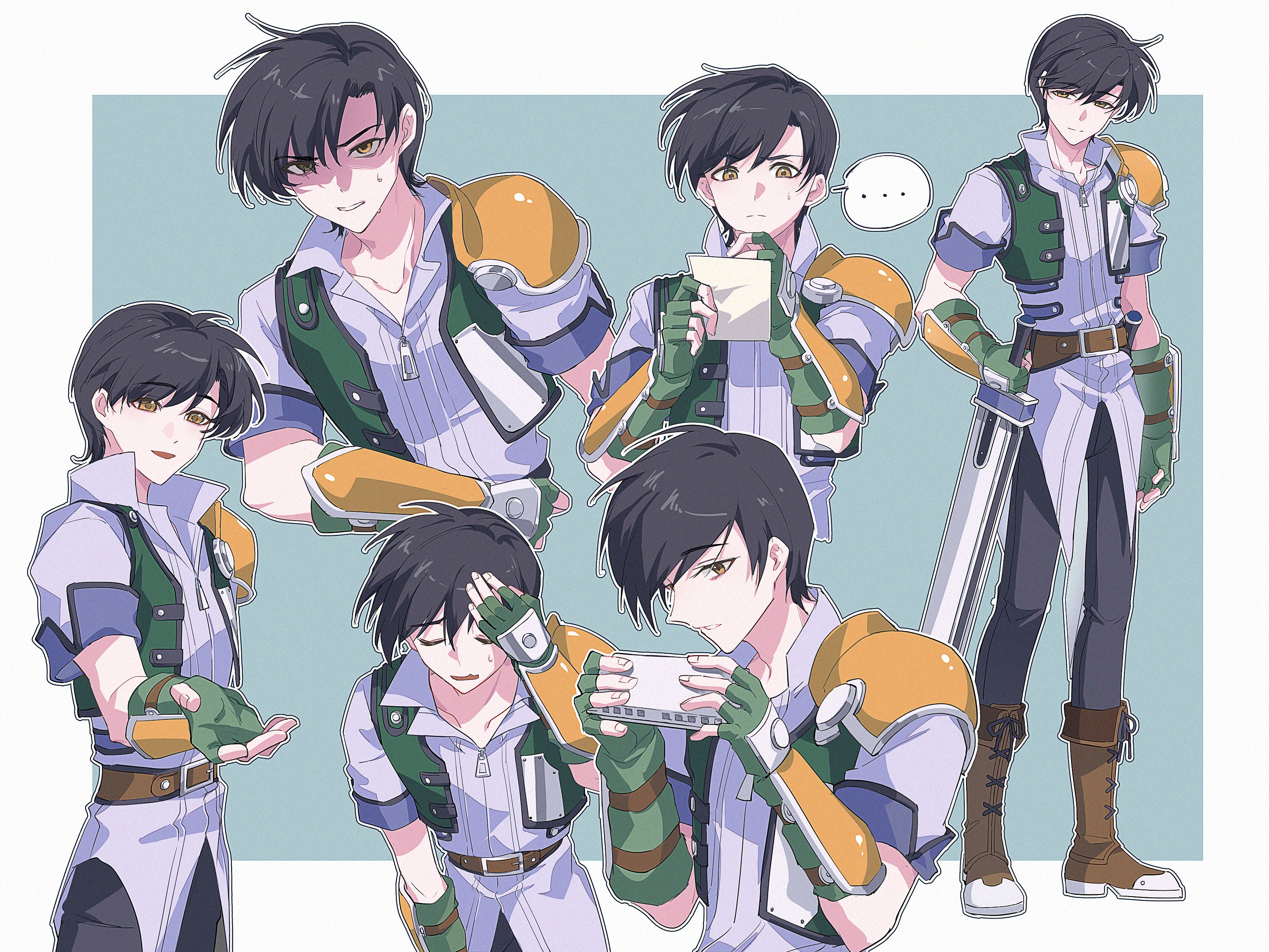 arm_guards armor black_hair boots border bowing cropped_jacket eien_galaxy_ko eiyuu_densetsu fingerless_gloves front_zipper full_body gloves green_background green_gloves hair_between_eyes harmonica highres holding holding_instrument holding_sword holding_weapon instrument joshua_bright parted_bangs partially_shaded_face pauldrons short_hair shoulder_armor simple_background single_pauldron sora_no_kiseki swept_bangs sword two-tone_background upper_body weapon white_border yellow_eyes