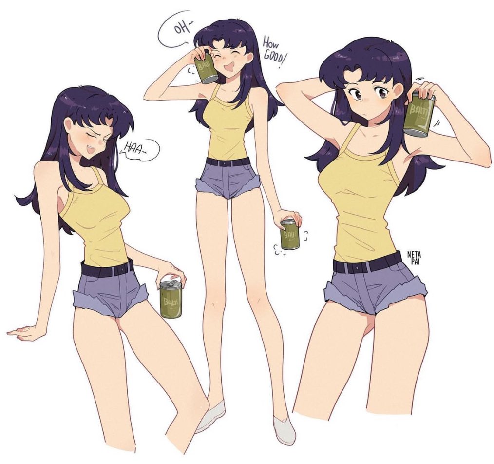 ! 1girl :/ arm_support bare_legs beer_can breasts brown_eyes can denim denim_shorts drink_can english_text full_body happy holding holding_can katsuragi_misato long_hair looking_at_viewer medium_breasts micro_shorts multiple_views neon_genesis_evangelion netapai1 no_bra open_mouth purple_hair salute shiny_skin shirt short_shorts shorts smile standing thick_thighs thighs white_background wide_hips yellow_shirt