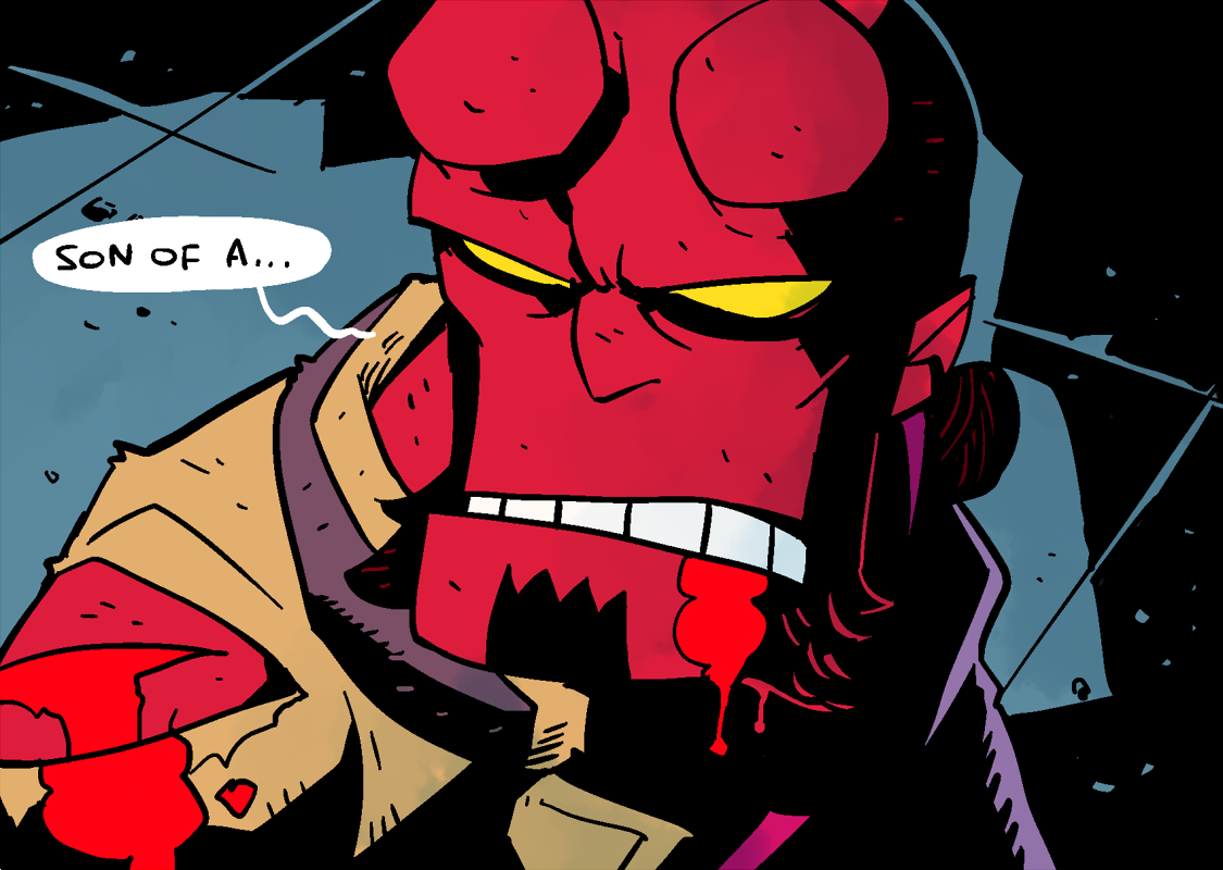 1boy bishoujo_senshi_sailor_moon bishoujo_senshi_sailor_moon_s blood brown_shirt colored_skin demon derivative_work english_text hellboy hellboy_(comic) horns male_focus meme rariatto_(ganguri) red_skin sailor_moon_redraw_challenge_(meme) screenshot_redraw shirt speech_bubble torn_clothes torn_shirt upper_body yellow_eyes