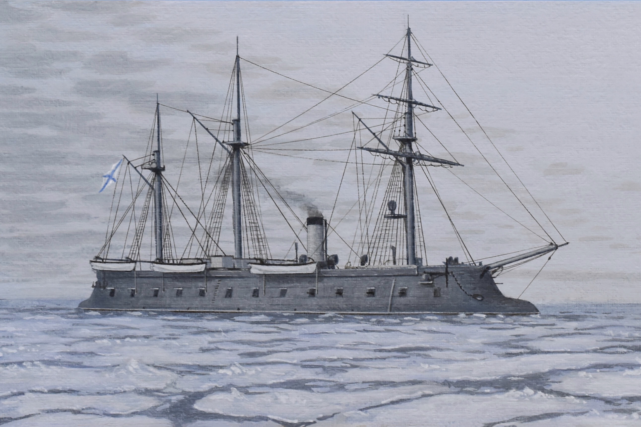 acrylic_paint_(medium) atelier_bono highres ice imperial_russian_navy mast military_vehicle no_humans ocean original painting_(medium) pervenez_(ironclad) ship sky smoke smokestack traditional_media warship watercraft winter