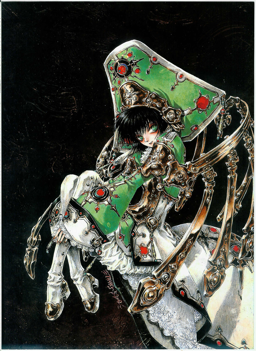 00s 1girl black_background female_focus full_body high_heels highres long_sleeves machinery official_art pantyhose scan seth_nightroad shibamoto_thores simple_background solo trinity_blood white_pantyhose