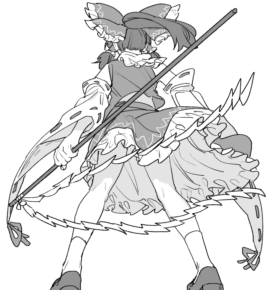 1girl bow commentary_request detached_sleeves facing_away frilled_bow frilled_hair_tubes frilled_skirt frills from_behind gohei greyscale hair_bow hair_tubes hakurei_reimu holding holding_gohei long_hair mero_(starfish_jcs) monochrome ribbon-trimmed_sleeves ribbon_trim shoes skirt socks solo touhou