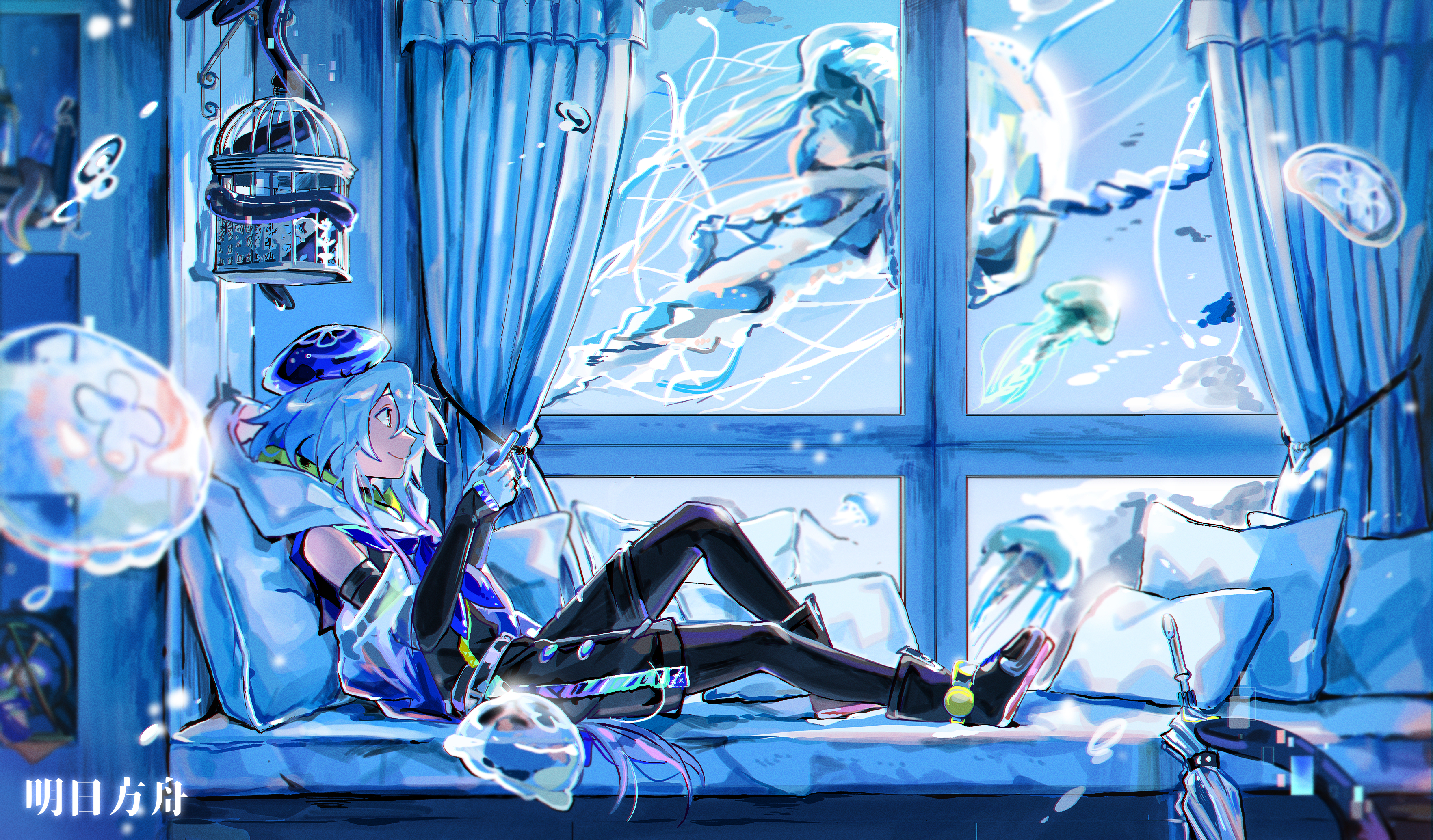1boy absurdres animal arknights beret black_boots black_gloves black_pantyhose black_shirt black_shorts blue_hair blue_hat blurry blurry_foreground boots closed_mouth curtains depth_of_field elbow_gloves from_side gloves hair_between_eyes hands_up hat highres holding hood hood_up indoors jellyfish male_focus mizuki_(arknights) pantyhose pantyhose_under_shorts pillow profile shirt short_shorts shorts sleeveless sleeveless_shirt smile solo wed_(lim38869577) window