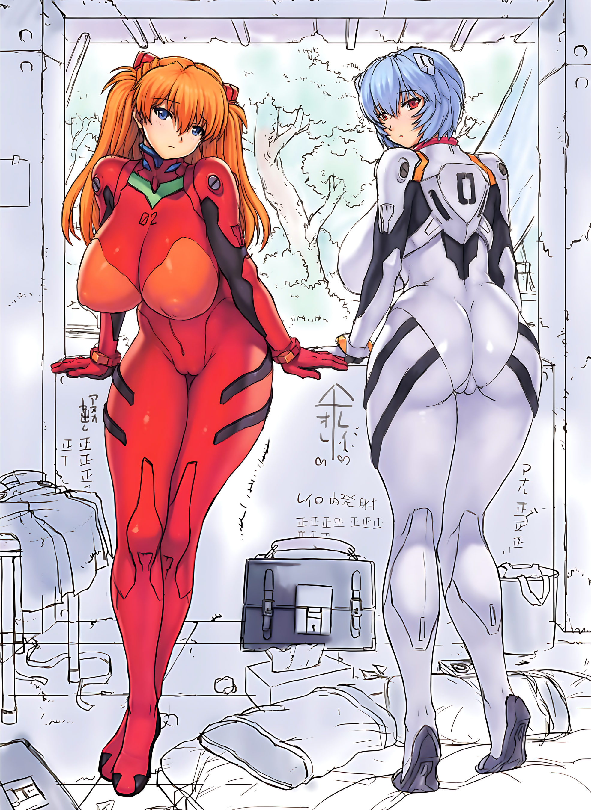 2girls absurdres against_wall ass ass_focus ayanami_rei backboob bag bed bed_sheet blue_eyes blue_hair bodysuit breasts brick bucket cameltoe cleavage cleft_of_venus covered_erect_nipples curvy female_focus full_body futon hairpods highres hip_bones huge_ass huge_breasts indoors japanese_text large_breasts leaning_forward linea_alba long_hair looking_at_viewer looking_back mecha_pilot_suit mogudan multiple_girls neon_genesis_evangelion nipples orange_hair plugsuit_(evangelion) puffy_areolae pussy recolor red_bodysuit red_eyes resized school_bag shed shiny_skin short_hair skin_tight souryuu_asuka_langley tally third-party_edit tight_clothes tissue tissue_box tokyo-3_middle_school_uniform tree two_side_up upscaled white_bodysuit wide_hips