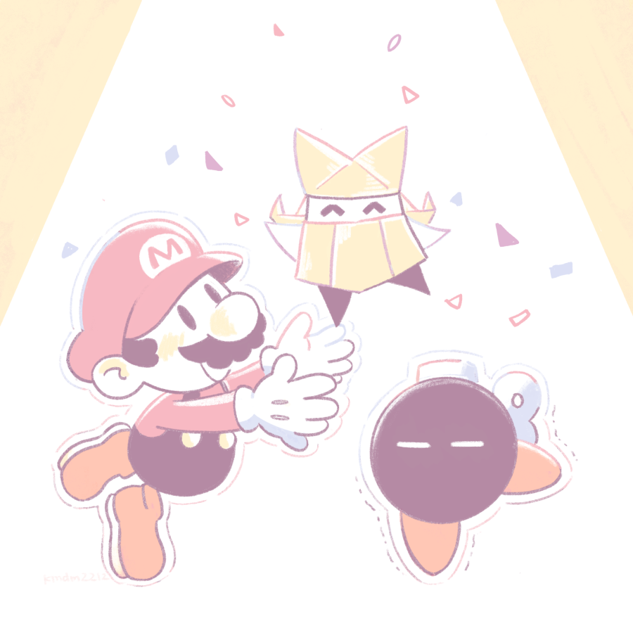 1boy 1girl ^_^ big_nose black_eyes black_hair black_overalls blonde_hair bobby_(paper_mario) bomb brown_shoes buttons newsboy_cap closed_eyes confetti dama8457 explosive facial_hair full_body gloves happy hat long_hair long_sleeves looking_at_another mario mario_(series) mustache nintendo no_mouth olivia_(paper_mario) open_mouth origami overalls paper paper_mario paper_mario:_the_origami_king red_hat red_shirt shirt shoes short_hair smile solid_oval_eyes spotlight trembling white_gloves winding_key yellow_hat yellow_shirt