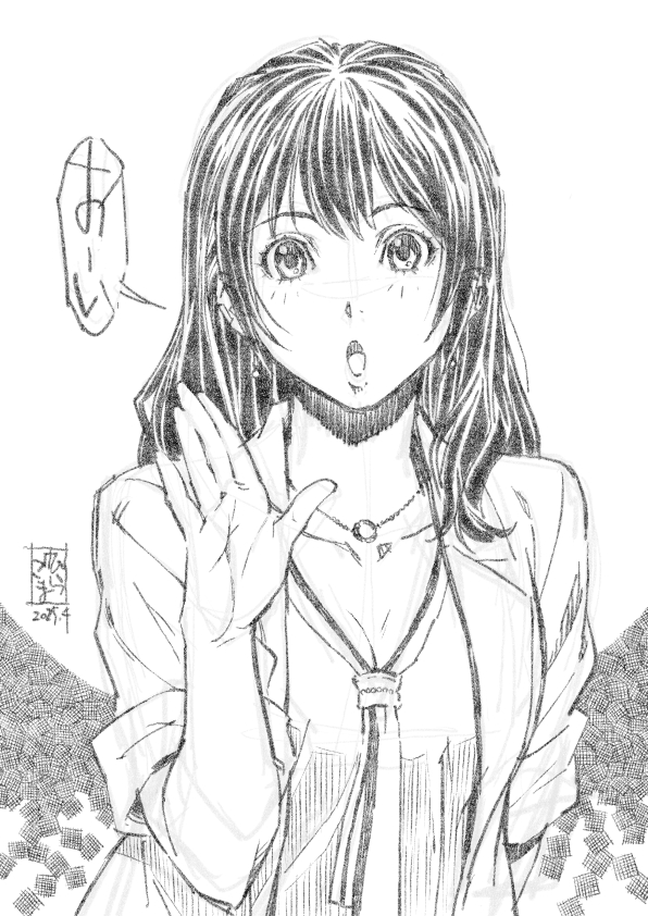 1girl arm_behind_back artist_name breasts cleavage collared_jacket dated dead_or_alive dead_or_alive_xtreme dead_or_alive_xtreme_venus_vacation greyscale hand_up hiragoma jacket jewelry long_hair looking_at_viewer monochrome nanami_(doa) necklace open_mouth shirt simple_background sketch solo speech_bubble upper_body white_background