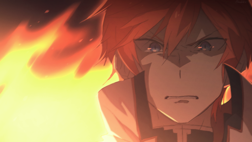 1boy alternate_universe angry bad_id bad_pixiv_id blue_eyes clenched_teeth fire hair_between_eyes harusabin male_focus re:zero_kara_ayamatsu_isekai_seikatsu re:zero_kara_hajimeru_isekai_seikatsu red_hair reinhard_van_astrea short_hair solo teeth