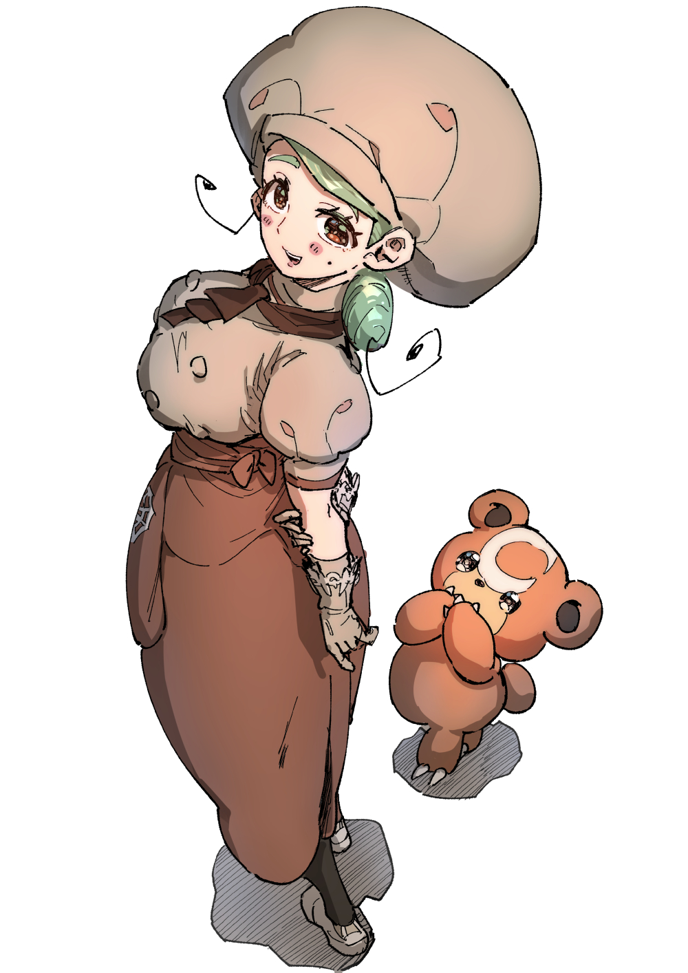 1girl apron ascot bear blush_stickers breasts brown_apron brown_ascot brown_eyes brown_skirt buttons chef_hat gen_2_pokemon green_hair hat highres katy_(pokemon) korokoro_daigorou large_breasts low_side_ponytail mole mole_on_cheek nintendo pokemon pokemon_(creature) pokemon_sv puffy_short_sleeves puffy_sleeves short_sleeves skirt spider_web_print teddiursa underbust waist_apron