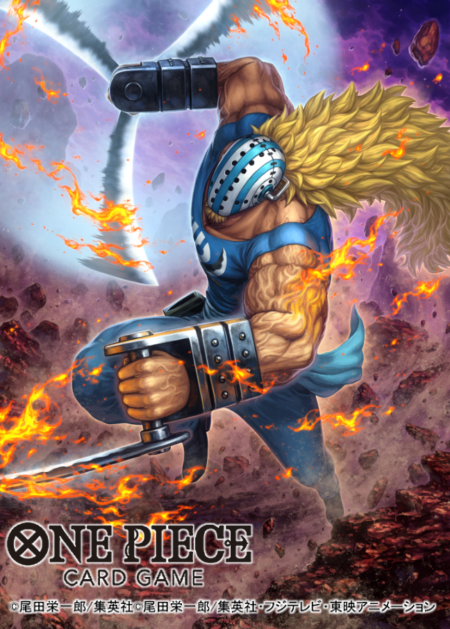 1boy blonde_hair blue_shirt commentary_request english_text facial_hair facial_hair_through_mask goatee hockey_mask holding holding_weapon killer_(one_piece) long_hair male_focus mask muscular muscular_male official_art one_piece one_piece_card_game shirt short_sleeves solo tatsuya_(atelier_road) translation_request weapon