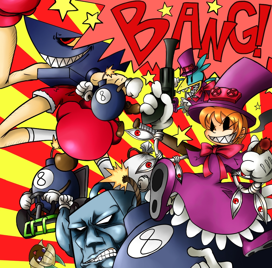 2girls andy_anvil anvil avery_(skullgirls) bird black_eyes bomb boxing_gloves cigar dark-skinned_female dark_skin disembodied_head dress english_text explosive george_the_bomb gloves grin gun hat lenny_the_bomb mechanical_arms ms._fortune_(skullgirls) multiple_girls orange_hair peacock_(skullgirls) purple_eyes red_eyes ribbon sangyou_haikibutsu_(turnamoonright) sharp_teeth skullgirls smile smoking teeth tommy_ten-tons top_hat weapon white_hair