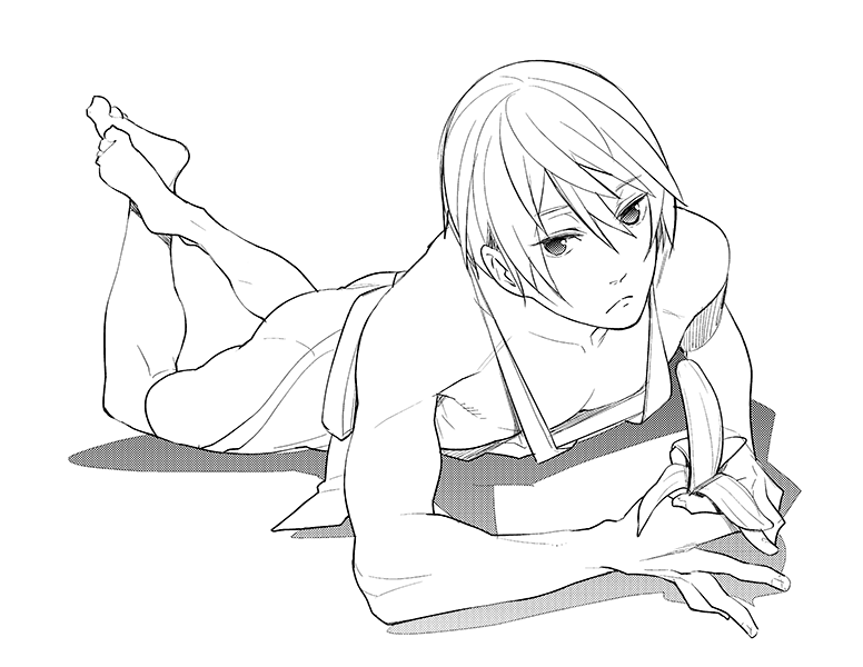 1boy apron ass banana closed_mouth food free! fruit greyscale hair_between_eyes looking_at_viewer lying male_focus megumi-square monochrome naked_apron nanase_haruka_(free!) on_stomach phallic_symbol sexually_suggestive short_hair simple_background solo white_background