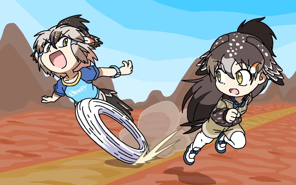 2girls alternate_design arm_up arms_up bird_girl bird_tail bird_wings bow bowtie brown_hair chibi clothes_writing colored_inner_hair day dual_persona full_body greater_roadrunner_(kemono_friends) green_eyes grey_hair hair_between_eyes hair_ornament hair_tubes hairclip hand_up head_wings kemono_friends leaning_forward long_hair long_sleeves looking_at_another medium_hair motion_lines multicolored_hair multiple_girls open_mouth outdoors outstretched_arms pantyhose pantyhose_under_shorts running shirt shoes short_sleeves shorts smile srd_(srdsrd01) tail v-shaped_eyebrows very_long_hair wheel_o_feet white_hair white_pantyhose wings yellow_eyes