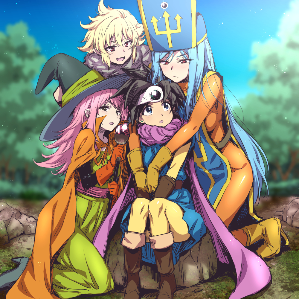 4girls arms_around_neck black_eyes blonde_hair blue_eyes blue_hair blue_tabard blue_tunic blurry blurry_background bodysuit boots brown_footwear brown_gloves brown_hair cape circlet commentary_request dragon_quest dragon_quest_iii dress earrings fang gloves green_dress harem hat heroine_(dq3) holding holding_staff jewelry kneeling knees_together_feet_apart long_hair looking_down looking_up mage_(dq3) mage_staff mitre monster_wrangler_(dq3) multiple_girls nakahira_guy open_mouth orange_bodysuit orange_cape orange_gloves outdoors pink_hair priest_(dq3) purple_cape red_eyes rock roto_(dq3) short_hair silver_circlet sitting skin_fang smile spiked_hair staff stud_earrings tabard tunic witch_hat yellow_boots yellow_gloves yuri