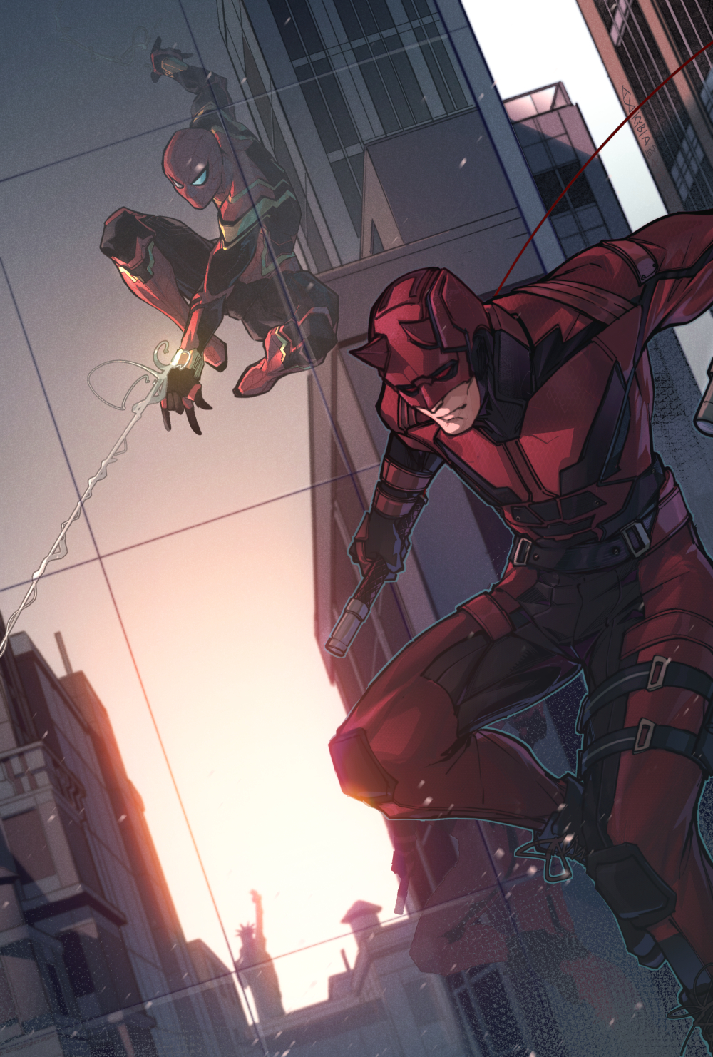 2boys bodysuit city crossover daredevil daredevil_(netflix) facial_hair gloves highres holding horns male_focus marvel marvel_cinematic_universe mask multiple_boys peter_parker silk skin_tight skirt spider-man spider-man:_no_way_home spider-man_(series) spider_web superhero_costume weapon yuzibushijiang
