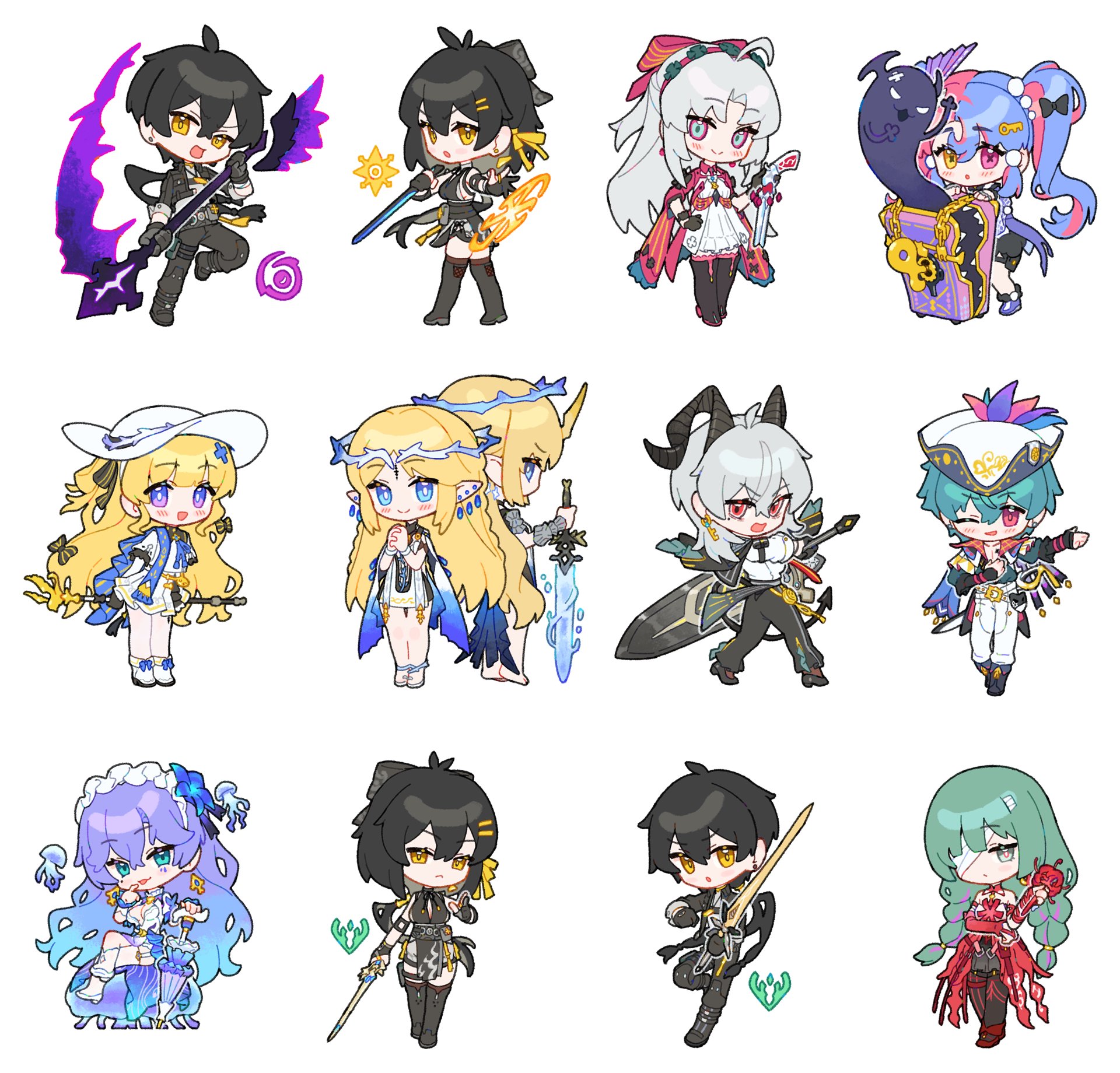 2boys 6+girls bandage_over_one_eye black_dress black_hair black_horns black_jacket black_pants blue_eyes blue_flower blue_hair bow braid brant_(wuthering_waves) cantarella_(wuthering_waves) carlotta_(wuthering_waves) cartethyia_(wuthering_waves) chibi chibi_only closed_umbrella commentary crown_of_thorns curled_horns dl_(dl_6ix) dress dual_persona earrings female_rover_(wuthering_waves) fleurdelys_(wuthering_waves) flower gradient_hair grey_hair gun hair_bow hair_flower hair_ornament hair_ribbon hat highres holding holding_gun holding_scythe holding_staff holding_sword holding_umbrella holding_weapon horns jacket jewelry long_hair looking_at_viewer low_twin_braids male_rover_(wuthering_waves) multicolored_hair multiple_boys multiple_girls one_eye_closed own_hands_clasped own_hands_together pants pantyhose parasol pero_(wuthering_waves) phoebe_(wuthering_waves) phrolova_(wuthering_waves) pink_bow pink_hair pink_jacket pointy_ears purple_eyes purple_hair purple_umbrella red_dress ribbon roccia_(wuthering_waves) rover_(wuthering_waves) scythe simple_background smile spider_lily staff sword tricorne twin_braids two-tone_hair umbrella weapon white_background white_dress white_pants white_pantyhose wuthering_waves yellow_eyes yellow_ribbon zani_(wuthering_waves)