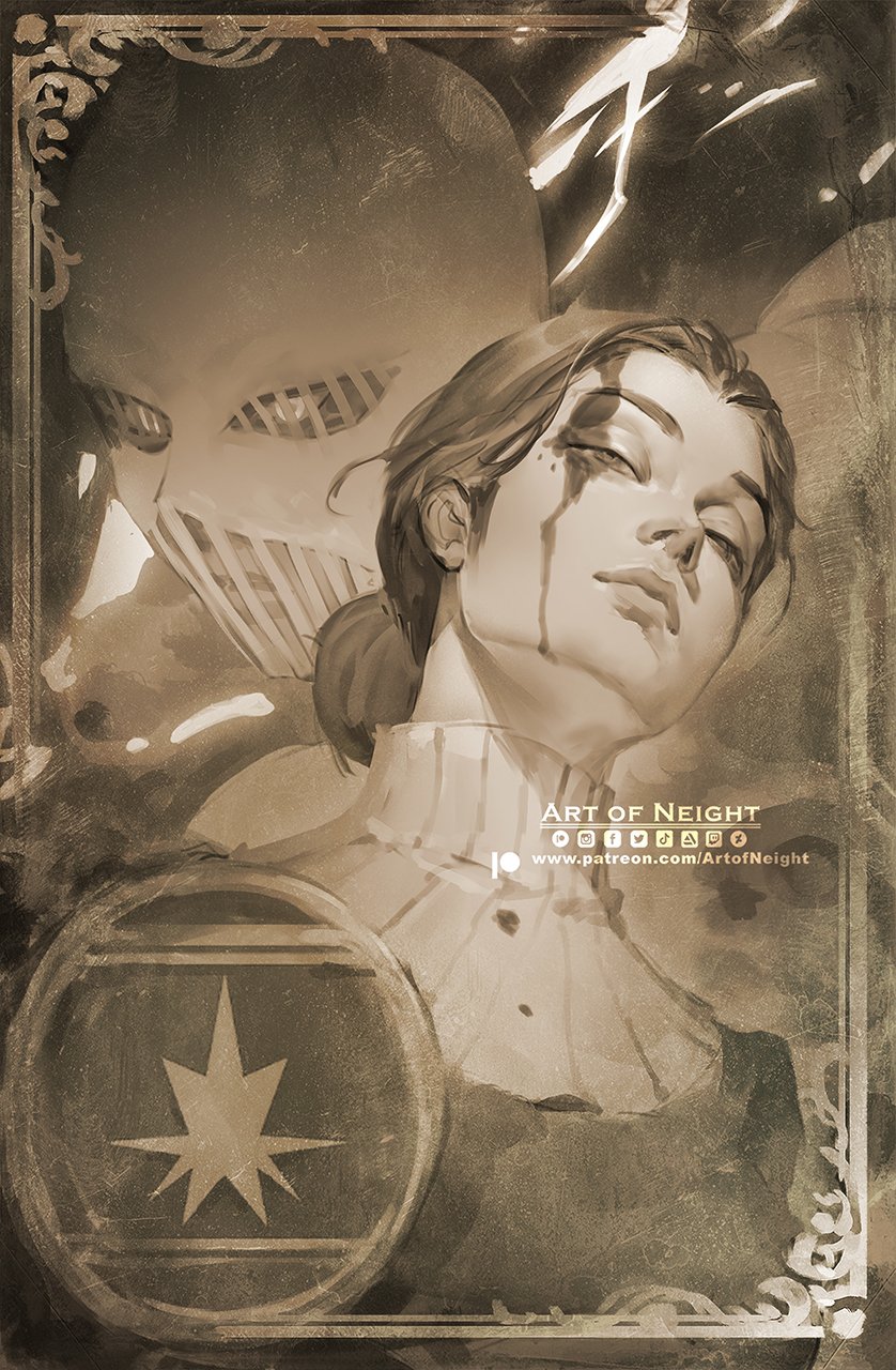 1girl 1other art_of_neight black_hair blood blood_on_face brown_theme dress head_tilt high_collar highres lara_tybur long_sleeves maid monochrome shingeki_no_kyojin short_hair symmetry titan_(shingeki_no_kyojin) upper_body war_hammer_titan