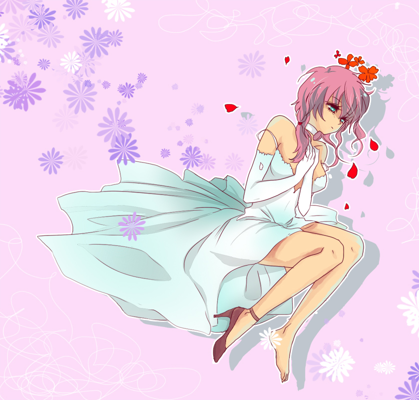 00s 1girl aqua_eyes bad_id bad_pixiv_id breasts dress elbow_gloves feldt_grace female_focus flower gloves gundam gundam_00 kale pink_hair shoes single_shoe solo