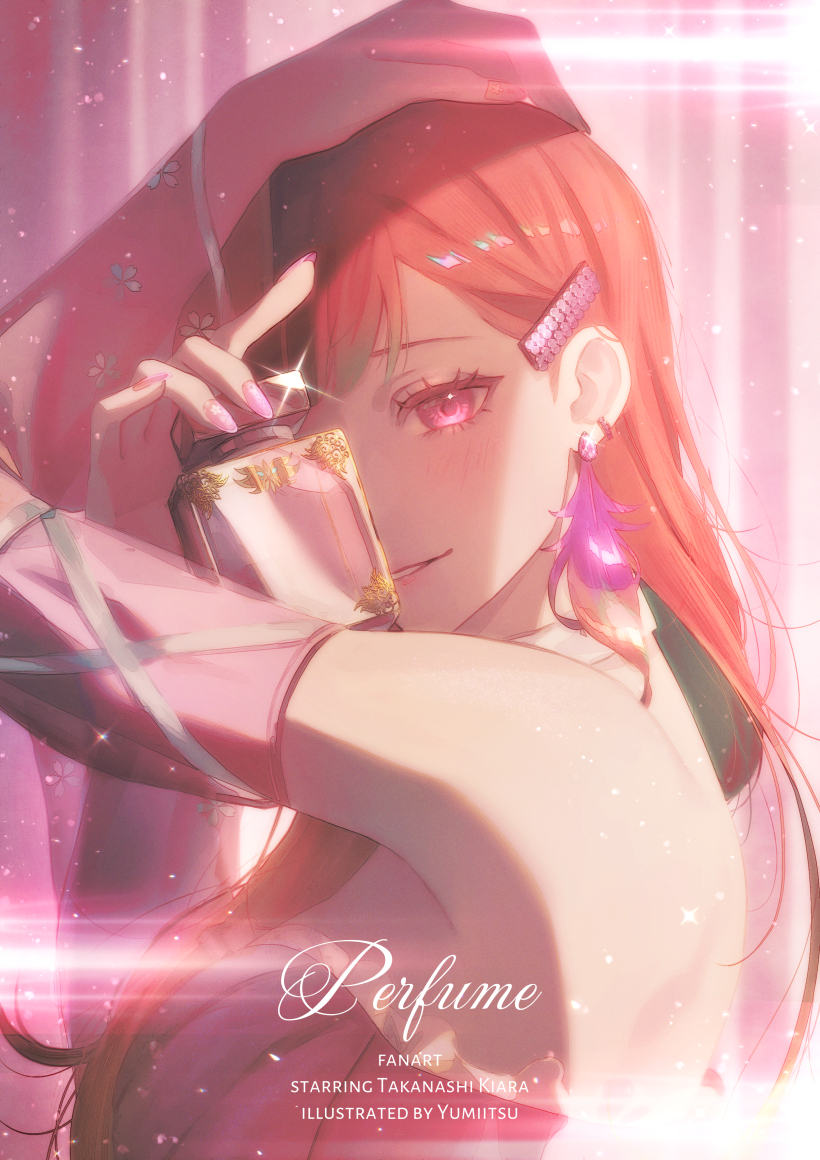 1girl armpits bare_shoulders bottle character_name colored_inner_hair commentary dress earrings english_commentary english_text eyelashes feather_earrings feathers fingernails glint green_hair hair_ornament hairclip hand_on_own_head holding_perfume hololive hololive_english jewelry lens_flare light_blush long_hair looking_at_viewer multicolored_hair off_shoulder official_alternate_costume official_alternate_hairstyle orange_hair perfume_(takanashi_kiara) perfume_bottle pink_dress pink_eyes pink_nails pink_sleeves portrait smile solo swept_bangs takanashi_kiara takanashi_kiara_(perfume) teeth two-tone_hair virtual_youtuber yumiitsu
