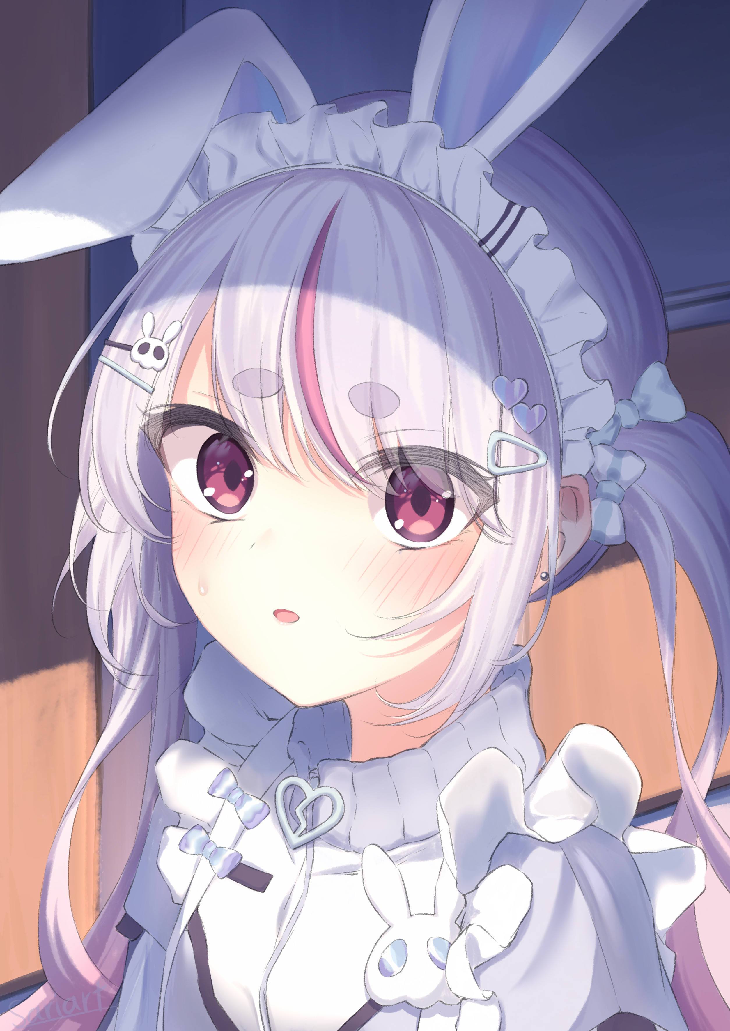 1girl absurdres animal_ears blush bow fake_animal_ears hair_bow hair_ornament hairclip heart highres looking_at_viewer maid_headdress multicolored_hair open_mouth purple_eyes purple_hair rabbit_ears saria_art solo streaked_hair sweatdrop thick_eyebrows tosaki_mimi tosaki_mimi_(4th_costume) virtual_youtuber vspo!