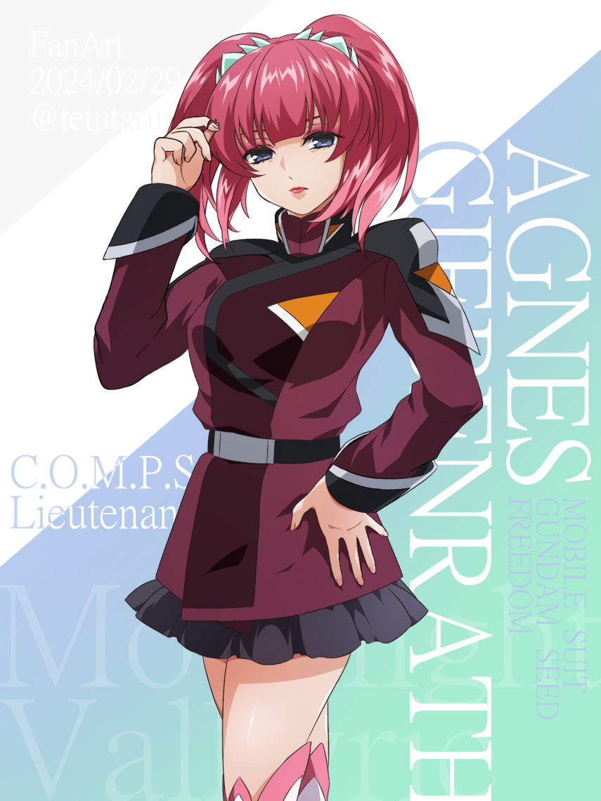 1girl agnes_giebenrath artist_name belt black_belt black_skirt blue_eyes boots character_name commentary_request cowboy_shot dated eyeshadow frown gundam gundam_seed gundam_seed_freedom hand_on_own_hip jacket looking_at_viewer makeup medium_hair miniskirt portrait red_eyes red_eyeshadow red_hair red_jacket skirt solo thigh_boots twintails twirling_hair twitter_username uemu white_boots