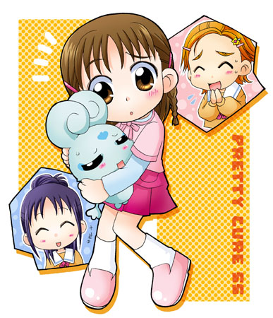 00s 3girls braid chibi chibi_only flappy futari_wa_precure_splash_star high_ponytail hug hyuuga_minori hyuuga_saki layered_sleeves long_sleeves looking_at_viewer lowres mishou_mai multiple_girls pink_shoes ponytail precure raised_eyebrows school_uniform shoes short_over_long_sleeves short_sleeves twin_braids yuunagi_middle_school_uniform