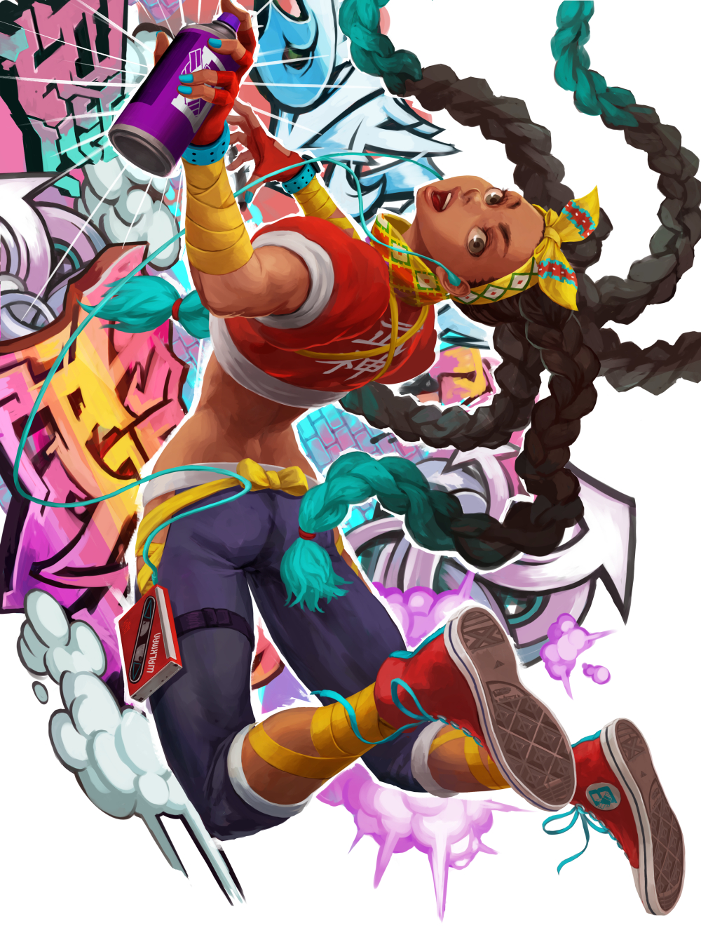 1girl braid commentary dark-skinned_female dark_skin earphones fingerless_gloves gloves graffiti highres holding_spray_can karee kimberly_jackson solo spray_can street_fighter street_fighter_6 walkman