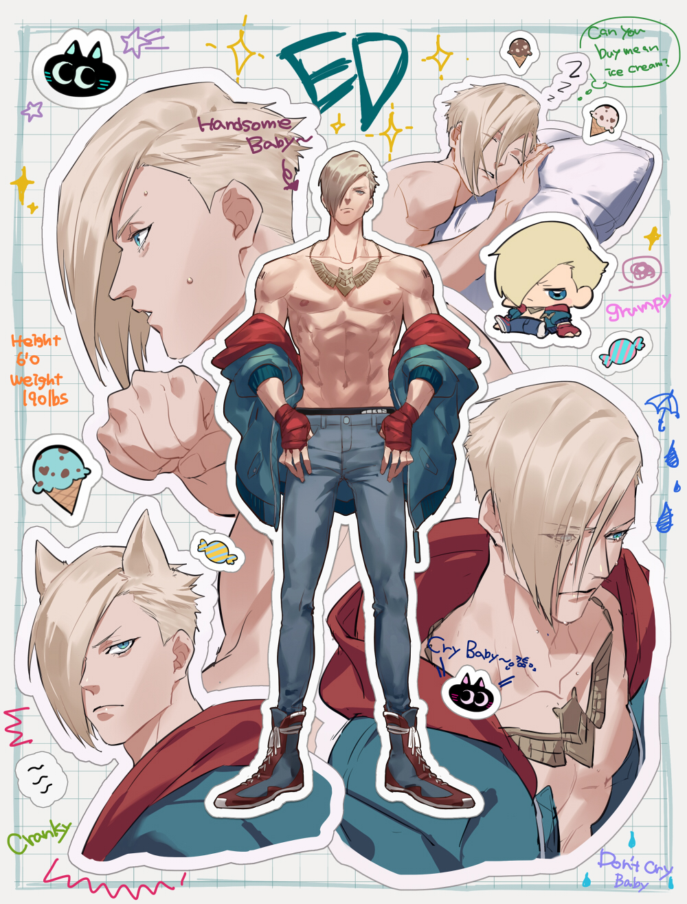 1boy abs animal_ears asymmetrical_hair bare_pectorals blonde_hair blue_eyes blue_pants candy cat_ears character_name chibi clenched_hand closed_eyes closed_mouth collarbone commentary_request crying crying_with_eyes_open denim ed_(street_fighter) english_text food grid_background hair_over_one_eye hand_wraps highres hood hood_down hooded_jacket ice_cream ice_cream_cone jacket jacket_partially_removed jeans jewelry jitome kemonomimi_mode looking_ahead male_focus male_underwear male_underwear_peek multicolored_jacket navel necklace one_eye_covered pants parted_lips pectorals pillow sitting sleeping small_sweatdrop sparkle speech_bubble standing star_(symbol) street_fighter street_fighter_6 talgi tears thought_bubble toned toned_male topless_male umbrella underwear zzz