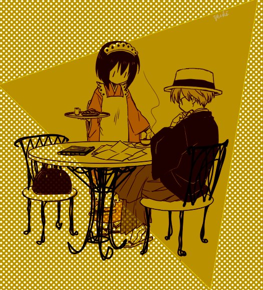 1boy 1girl apron artist_name bag black_hair black_haori boater_hat bob_cut brown_hakama chair commentary_request crossed_legs cup frown grey_hair hakama hand_on_own_chin handbag haori hat holding holding_tray ichinomiya_kantarou japanese_clothes kimono maid maid_apron maid_headdress no_mouth no_nose paper pink_kimono round_table sandals saucer sepia serving short_hair sitting slice_of_life steam tabi table tactics tea teacup thinking tray wa_maid waitress white_apron youko_(tactics) yuki_(hello_idiot) zouri |_|