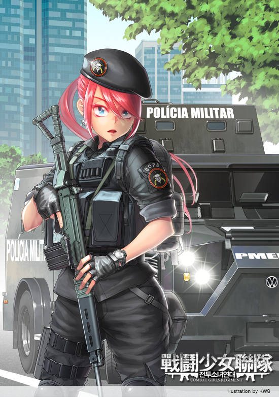 1girl ammunition_pouch armored_personnel_carrier armored_vehicle artist_name assault_rifle backpack bad_id bad_pixiv_id badge bag battle_rifle beret blue_eyes bope brazil buckle bulletproof_vest combat_girls_regiment fingerless_gloves fn_fal gloves gun hat korean_text kws load_bearing_vest long_hair military military_operator military_police military_vehicle motor_vehicle original pink_hair ponytail portuguese_text pouch rifle snap-fit_buckle trigger_discipline vehicle volkswagen watch weapon