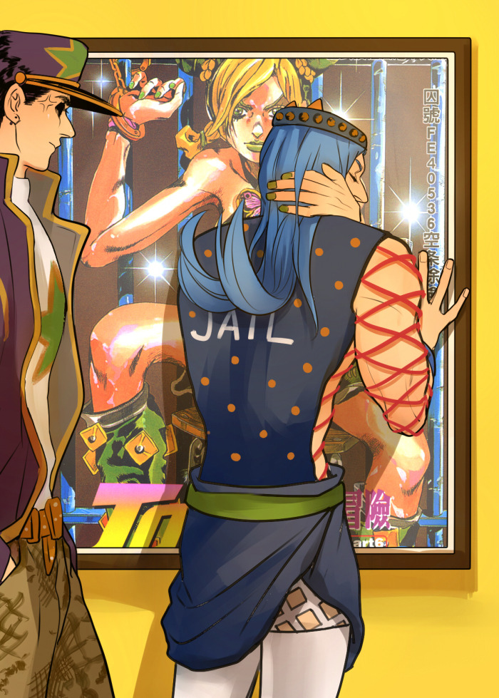 1girl 2boys anger_vein araki_hirohiko blue_hair fishnets green_nails hat jojo_no_kimyou_na_bouken kilva_lollop kuujou_jolyne kuujou_joutarou long_hair manga_(object) multiple_boys nail_polish narciso_anasui poster_(object) stone_free stone_ocean thighhighs