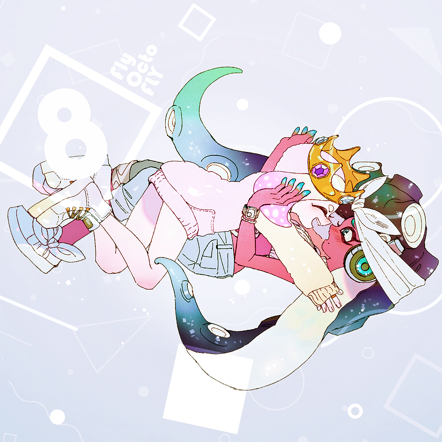2girls akutsumi blush bracelet colored_extremities commentary_request crown eyelashes gradient_hair green_eyes grey_background headphones hug inkling jewelry looking_at_another marina_(splatoon) multicolored_hair multiple_girls nintendo octoling pearl_(splatoon) shoes simple_background sleeves_past_fingers sleeves_past_wrists splatoon_(series) splatoon_2 sweater tentacle_hair watch white_shoes white_sweater wristwatch yuri