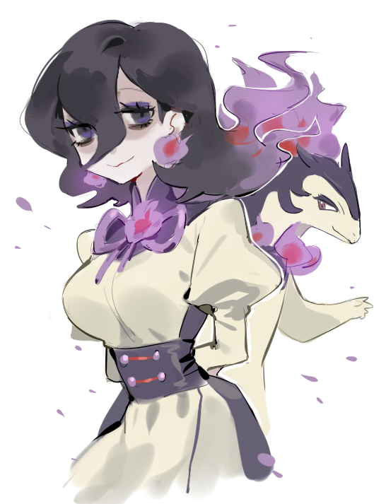 1girl black_hair breasts corset dress earrings fire game_freak hair_between_eyes hex_maniac_(pokemon) hex_maniac_(pokemon_legends:_z-a) high_collar hisuian_typhlosion jewelry juliet_sleeves long_hair long_sleeves medium_breasts neck_ribbon nintendo pearl_earrings pokemon pokemon_(creature) pokemon_legends:_z-a puffy_sleeves purple_corset purple_eyes purple_fire purple_ribbon raine_(acke2445) ribbon sphere_earrings yellow_dress